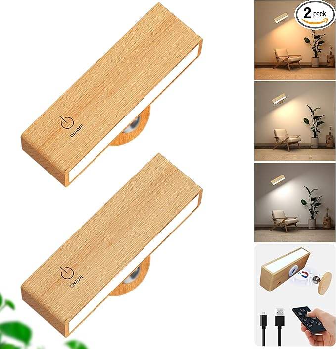 2Pcs Wireless Wood Wall Light | Rechargeable, Magnetic & Dimmable